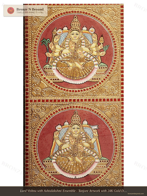 Lord Vishnu with Ashtalakshmi Ensemble - Tanjore Artwork with 24K Gold Detailing - Teakwood Framed