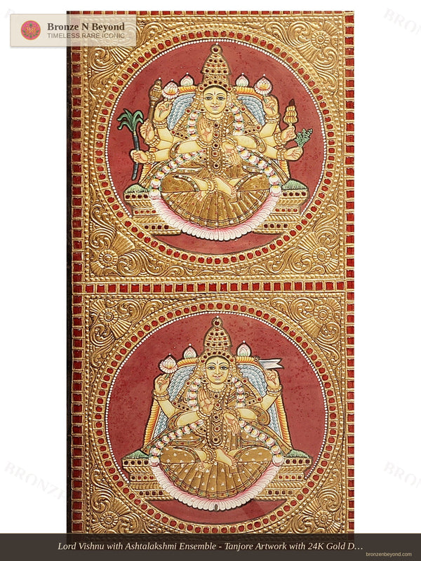 Lord Vishnu with Ashtalakshmi Ensemble - Tanjore Artwork with 24K Gold Detailing - Teakwood Framed