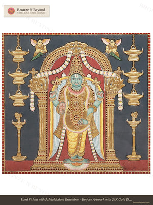 Lord Vishnu with Ashtalakshmi Ensemble - Tanjore Artwork with 24K Gold Detailing - Teakwood Framed