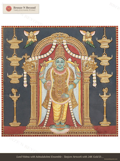 Lord Vishnu with Ashtalakshmi Ensemble - Tanjore Artwork with 24K Gold Detailing - Teakwood Framed