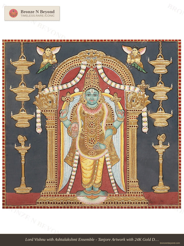 Lord Vishnu with Ashtalakshmi Ensemble - Tanjore Artwork with 24K Gold Detailing - Teakwood Framed