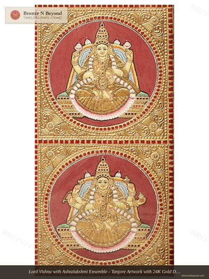 Lord Vishnu with Ashtalakshmi Ensemble - Tanjore Artwork with 24K Gold Detailing - Teakwood Framed