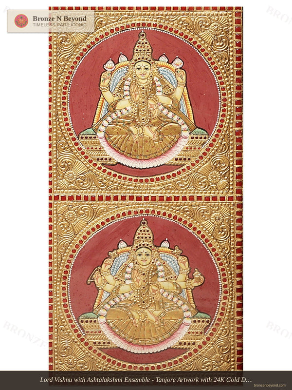 Lord Vishnu with Ashtalakshmi Ensemble - Tanjore Artwork with 24K Gold Detailing - Teakwood Framed