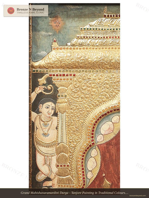 Grand Mahishasuramardini Durga - Tanjore Painting in Traditional Colours with 24K Gold - Teakwood Frame