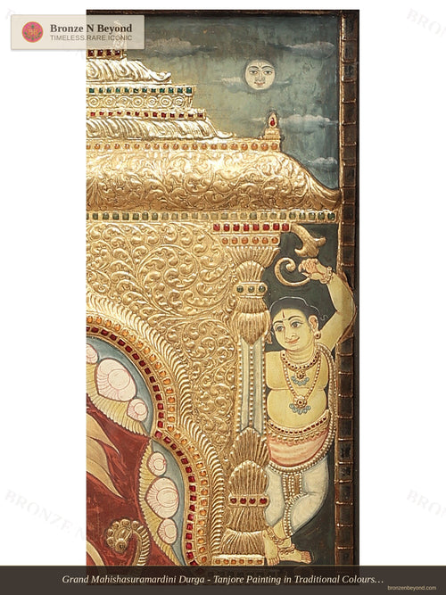 Grand Mahishasuramardini Durga - Tanjore Painting in Traditional Colours with 24K Gold - Teakwood Frame