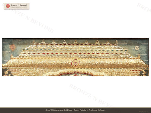 Grand Mahishasuramardini Durga - Tanjore Painting in Traditional Colours with 24K Gold - Teakwood Frame
