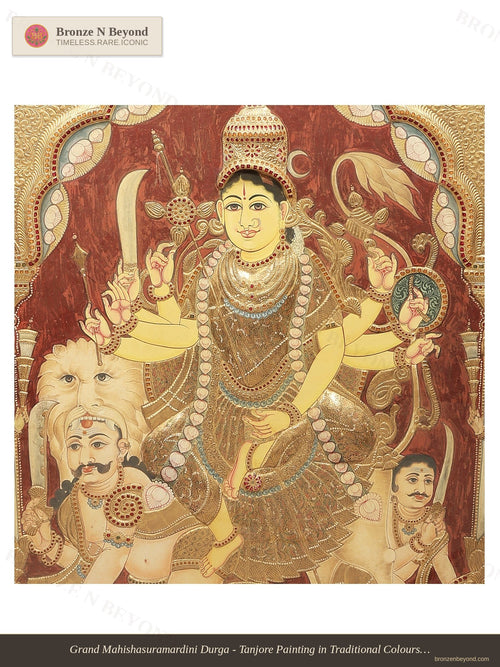 Grand Mahishasuramardini Durga - Tanjore Painting in Traditional Colours with 24K Gold - Teakwood Frame