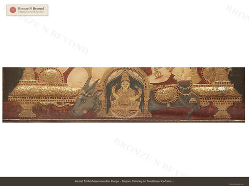 Grand Mahishasuramardini Durga - Tanjore Painting in Traditional Colours with 24K Gold - Teakwood Frame