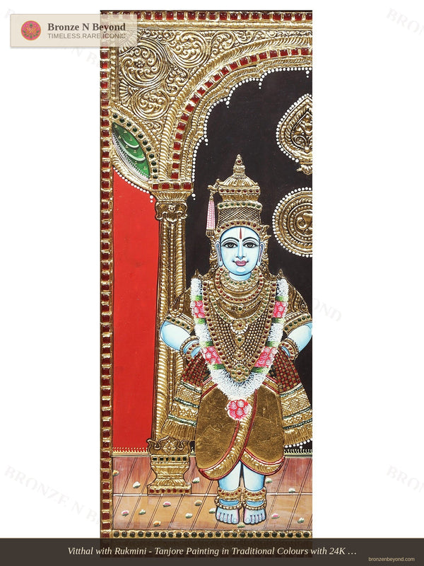 Vitthal with Rukmini - Tanjore Painting in Traditional Colours with 24K Gold - Teakwood Frame