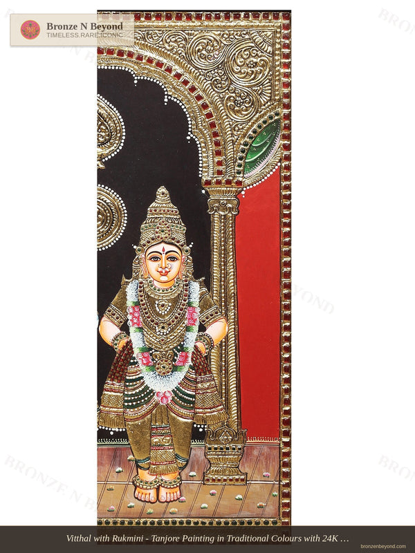 Vitthal with Rukmini - Tanjore Painting in Traditional Colours with 24K Gold - Teakwood Frame