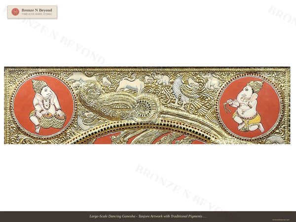 Large-Scale Dancing Ganesha - Tanjore Artwork with Traditional Pigments and 24K Gold - Teakwood Frame