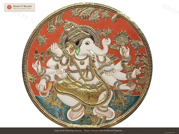 Large-Scale Dancing Ganesha - Tanjore Artwork with Traditional Pigments and 24K Gold - Teakwood Frame