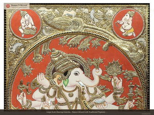 Large-Scale Dancing Ganesha - Tanjore Artwork with Traditional Pigments and 24K Gold - Teakwood Frame