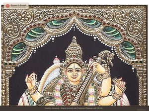 Goddess Saraswati - Tanjore Artwork with Traditional Pigments and 24K Gold - Teakwood Frame