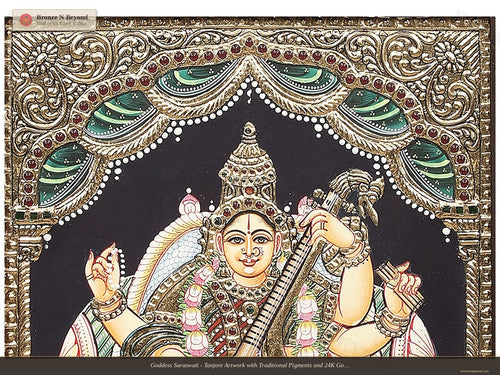 Goddess Saraswati - Tanjore Artwork with Traditional Pigments and 24K Gold - Teakwood Frame