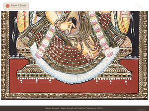 Goddess Saraswati - Tanjore Artwork with Traditional Pigments and 24K Gold - Teakwood Frame