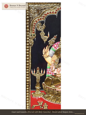 Gauri and Ganesha (Parvati with Baby Ganesha) - Handcrafted Tanjore Artwork with Traditional Pigments and 24K Gold - Teakwood Frame