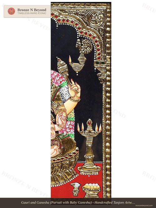 Gauri and Ganesha (Parvati with Baby Ganesha) - Handcrafted Tanjore Artwork with Traditional Pigments and 24K Gold - Teakwood Frame