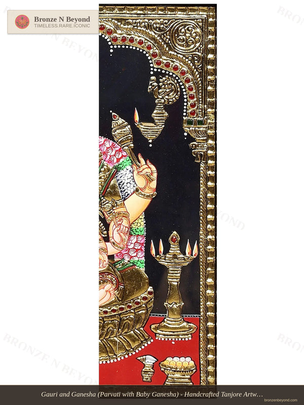 Gauri and Ganesha (Parvati with Baby Ganesha) - Handcrafted Tanjore Artwork with Traditional Pigments and 24K Gold - Teakwood Frame