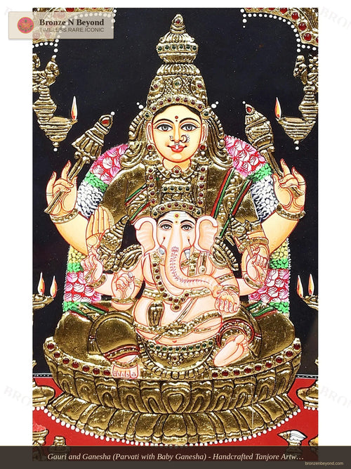 Gauri and Ganesha (Parvati with Baby Ganesha) - Handcrafted Tanjore Artwork with Traditional Pigments and 24K Gold - Teakwood Frame