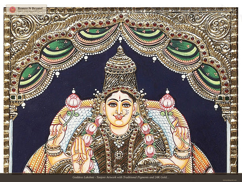 Goddess Lakshmi - Tanjore Artwork with Traditional Pigments and 24K Gold - Teakwood Frame