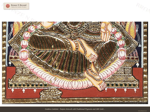 Goddess Lakshmi - Tanjore Artwork with Traditional Pigments and 24K Gold - Teakwood Frame
