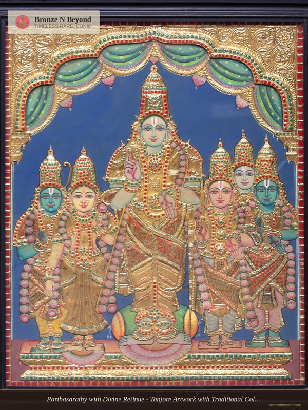 Parthasarathy with Divine Retinue - Tanjore Artwork with Traditional Colours and 24K Gold - Teakwood Frame