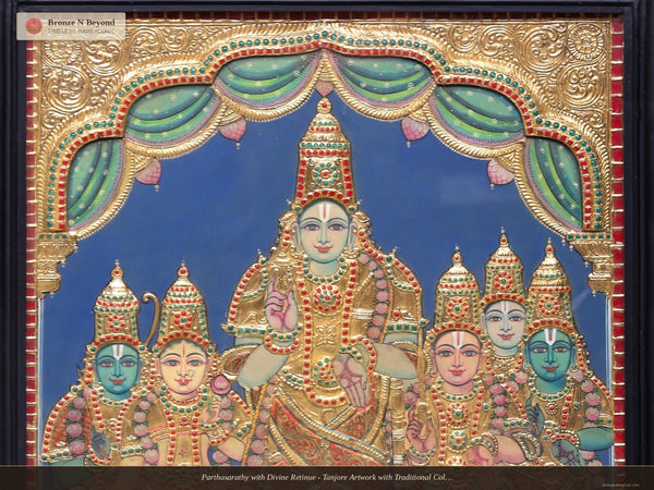 Parthasarathy with Divine Retinue - Tanjore Artwork with Traditional Colours and 24K Gold - Teakwood Frame