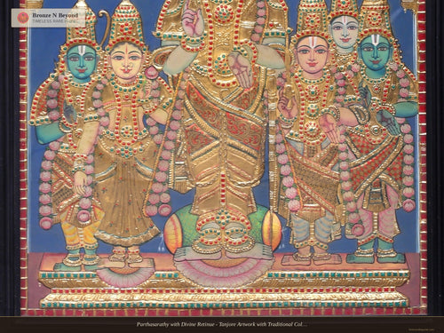 Parthasarathy with Divine Retinue - Tanjore Artwork with Traditional Colours and 24K Gold - Teakwood Frame