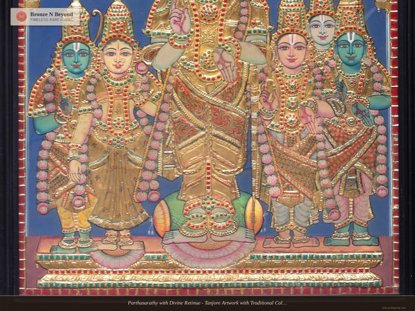 Parthasarathy with Divine Retinue - Tanjore Artwork with Traditional Colours and 24K Gold - Teakwood Frame