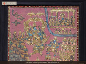 The Liberation of Gajendra (Gajendra Moksha) - Large Tanjore Artwork with Traditional Colours and 24K Gold - Teakwood Frame