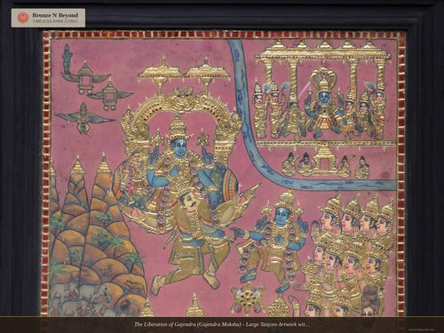 The Liberation of Gajendra (Gajendra Moksha) - Large Tanjore Artwork with Traditional Colours and 24K Gold - Teakwood Frame