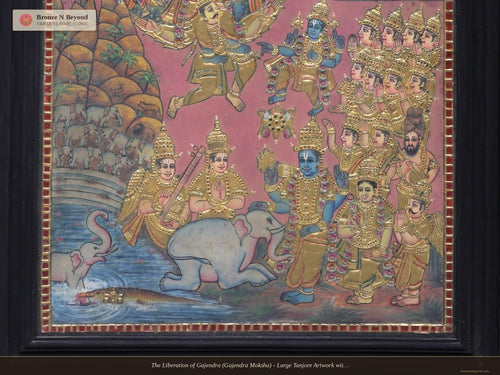 The Liberation of Gajendra (Gajendra Moksha) - Large Tanjore Artwork with Traditional Colours and 24K Gold - Teakwood Frame