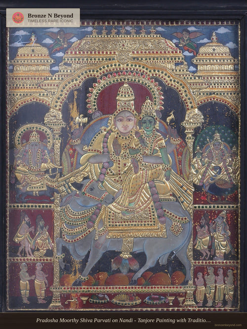 Pradosha Moorthy Shiva Parvati on Nandi - Tanjore Painting with Traditional Colours and 24K Gold - Teakwood Frame