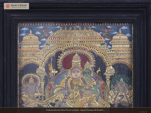 Pradosha Moorthy Shiva Parvati on Nandi - Tanjore Painting with Traditional Colours and 24K Gold - Teakwood Frame