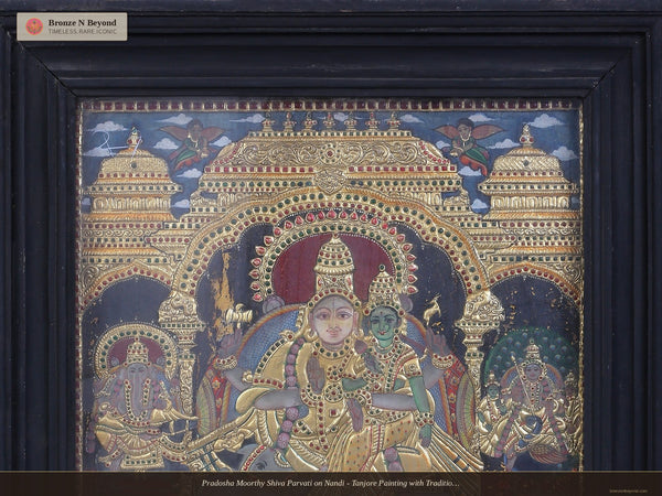 Pradosha Moorthy Shiva Parvati on Nandi - Tanjore Painting with Traditional Colours and 24K Gold - Teakwood Frame