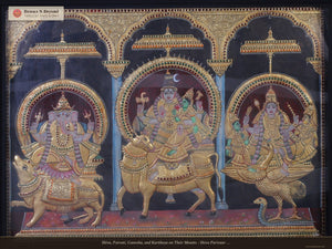 Shiva, Parvati, Ganesha, and Kartikeya on Their Mounts - Shiva Parivaar Tanjore Artwork with Traditional Colours and 24K Gold - Teakwood Frame