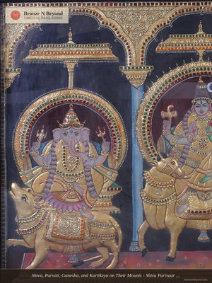 Shiva, Parvati, Ganesha, and Kartikeya on Their Mounts - Shiva Parivaar Tanjore Artwork with Traditional Colours and 24K Gold - Teakwood Frame