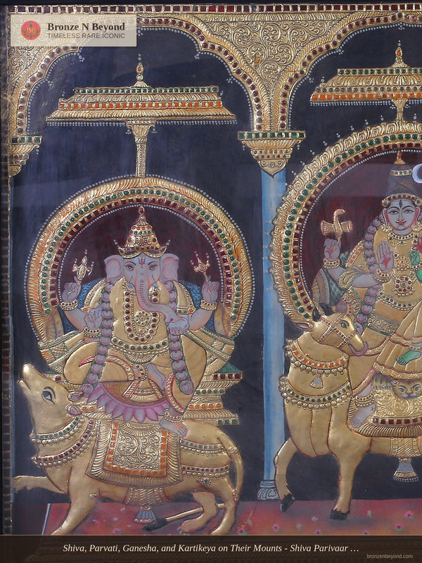 Shiva, Parvati, Ganesha, and Kartikeya on Their Mounts - Shiva Parivaar Tanjore Artwork with Traditional Colours and 24K Gold - Teakwood Frame