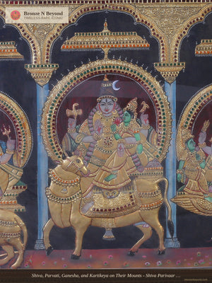 Shiva, Parvati, Ganesha, and Kartikeya on Their Mounts - Shiva Parivaar Tanjore Artwork with Traditional Colours and 24K Gold - Teakwood Frame
