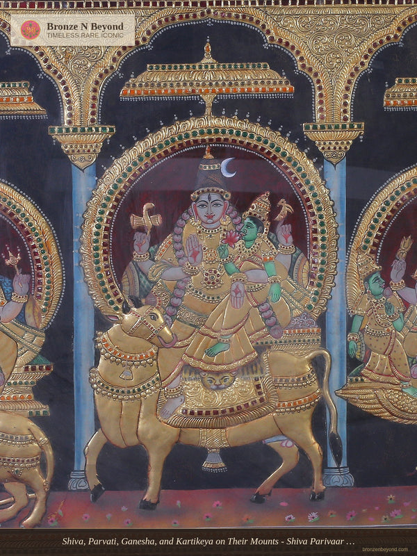Shiva, Parvati, Ganesha, and Kartikeya on Their Mounts - Shiva Parivaar Tanjore Artwork with Traditional Colours and 24K Gold - Teakwood Frame