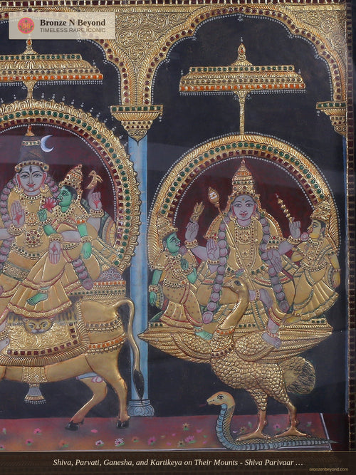 Shiva, Parvati, Ganesha, and Kartikeya on Their Mounts - Shiva Parivaar Tanjore Artwork with Traditional Colours and 24K Gold - Teakwood Frame