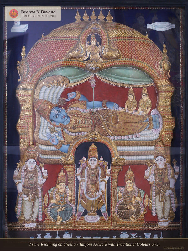 Vishnu Reclining on Shesha - Tanjore Artwork with Traditional Colours and 24K Gold - Teakwood Frame