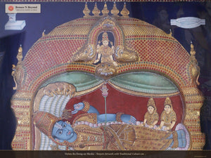 Vishnu Reclining on Shesha - Tanjore Artwork with Traditional Colours and 24K Gold - Teakwood Frame