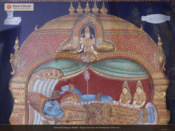 Vishnu Reclining on Shesha - Tanjore Artwork with Traditional Colours and 24K Gold - Teakwood Frame