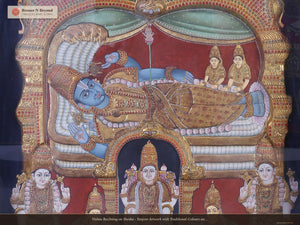 Vishnu Reclining on Shesha - Tanjore Artwork with Traditional Colours and 24K Gold - Teakwood Frame