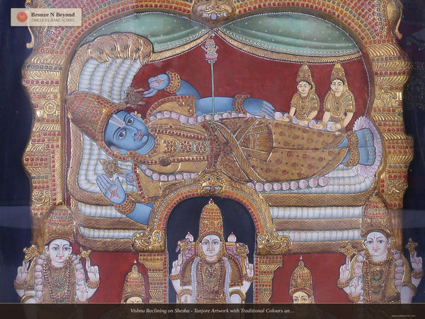 Vishnu Reclining on Shesha - Tanjore Artwork with Traditional Colours and 24K Gold - Teakwood Frame