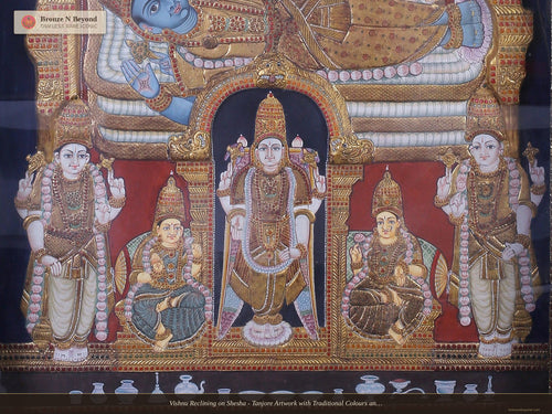 Vishnu Reclining on Shesha - Tanjore Artwork with Traditional Colours and 24K Gold - Teakwood Frame