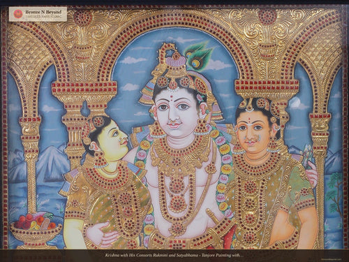 Krishna with His Consorts Rukmini and Satyabhama - Tanjore Painting with Traditional Colours and 24K Gold - Teakwood Frame