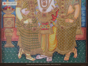 Krishna with His Consorts Rukmini and Satyabhama - Tanjore Painting with Traditional Colours and 24K Gold - Teakwood Frame